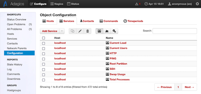 Adagios page for configuring services