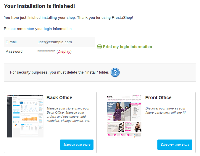 PrestaShop Installation Completed