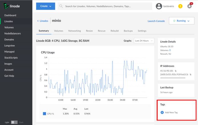 Location of Tags box for a Linode