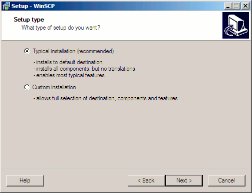 WinSCP setup wizard setup type selection screen.