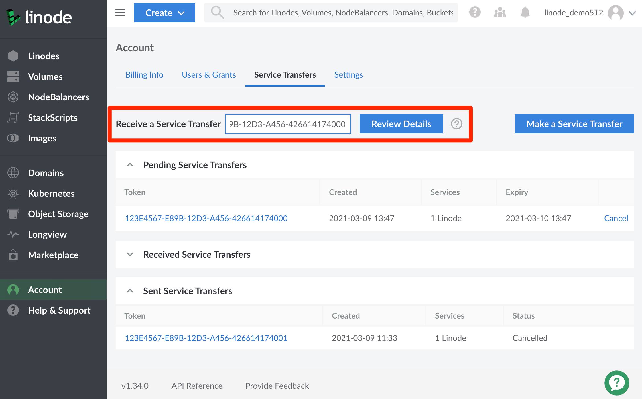 Review the summary of Linode services to be transferred prior to accepting.